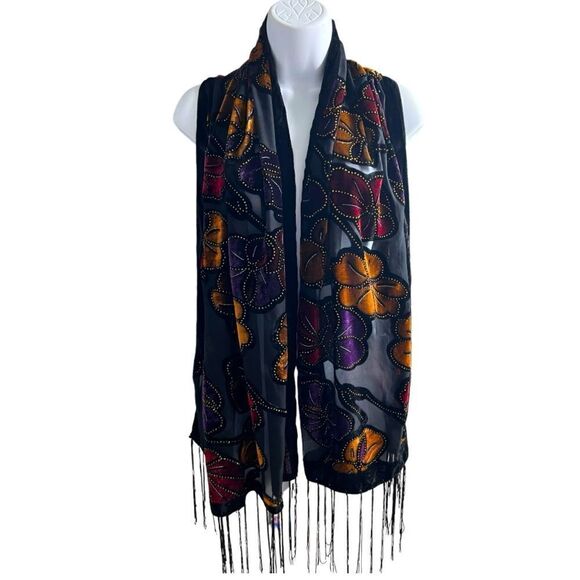 Black Velvet Scarf/Shawl Shoulder Cover Up Rectangle W/Fringe Floral Beaded - Picture 4 of 10